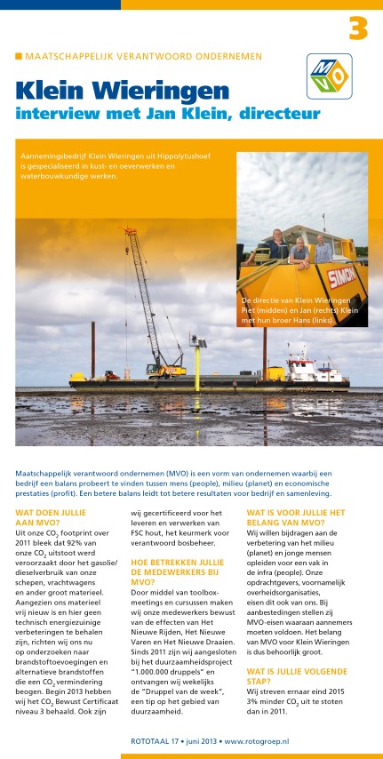 Klein Wieringen in rubriek maatschappelijk verantwoord ondernemen van ROTOTAAL